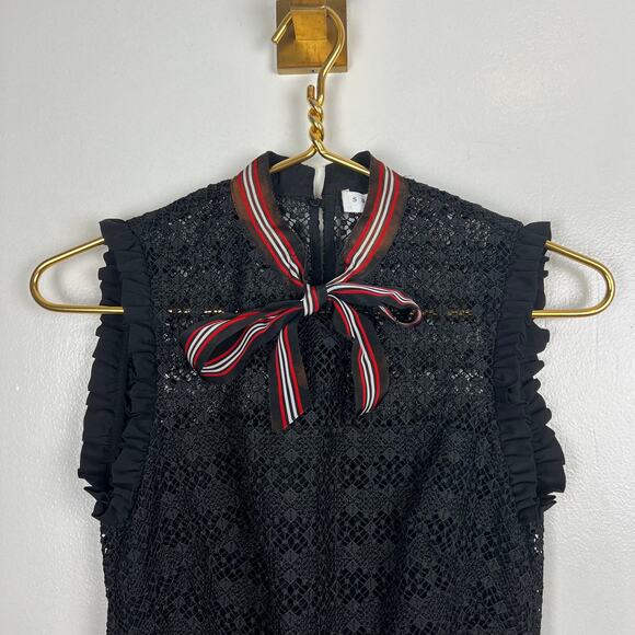 SANDRO Paris Fidele Tie-Neck Lace Mini Dress Black Sleeveless Cocktail Sz S - Picture 3 of 11